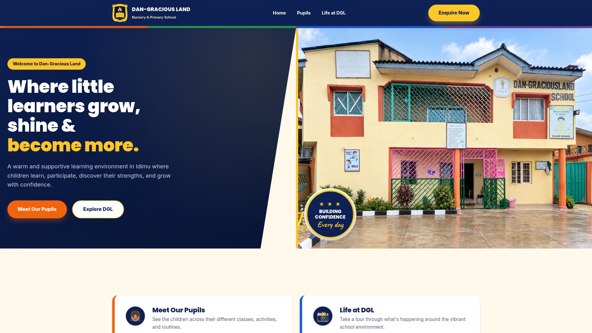 Homepage Hero section of the Dan-Gracious Land Nursery & Primary School Website